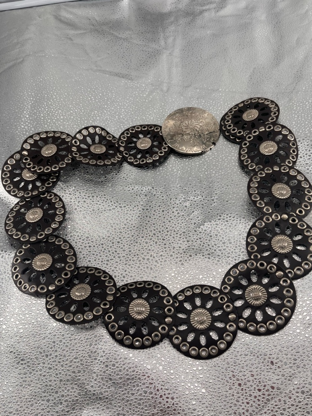 Vintage Black Leather Circular Link Statement Belt with Ornate Silver Buckle